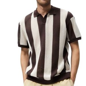 Brown and White Knitted Zara Polo Shirt (S)
